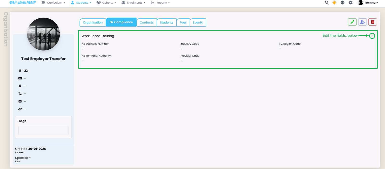 Screenshot: Figure 6i. Navigate to Organisation > NZ Compliance