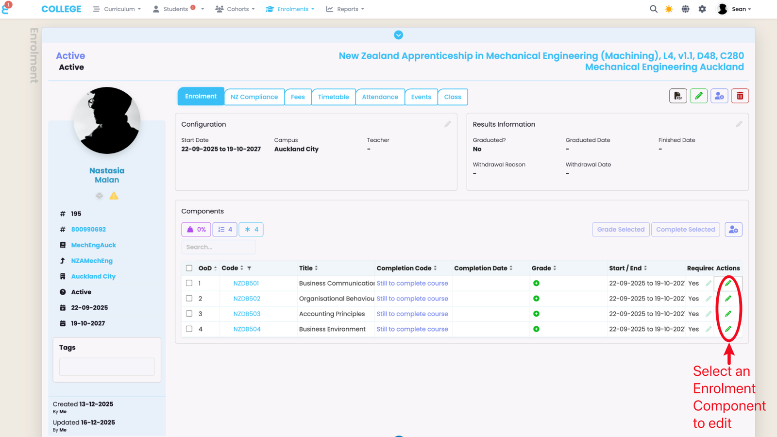 Edit an Enrolment Component