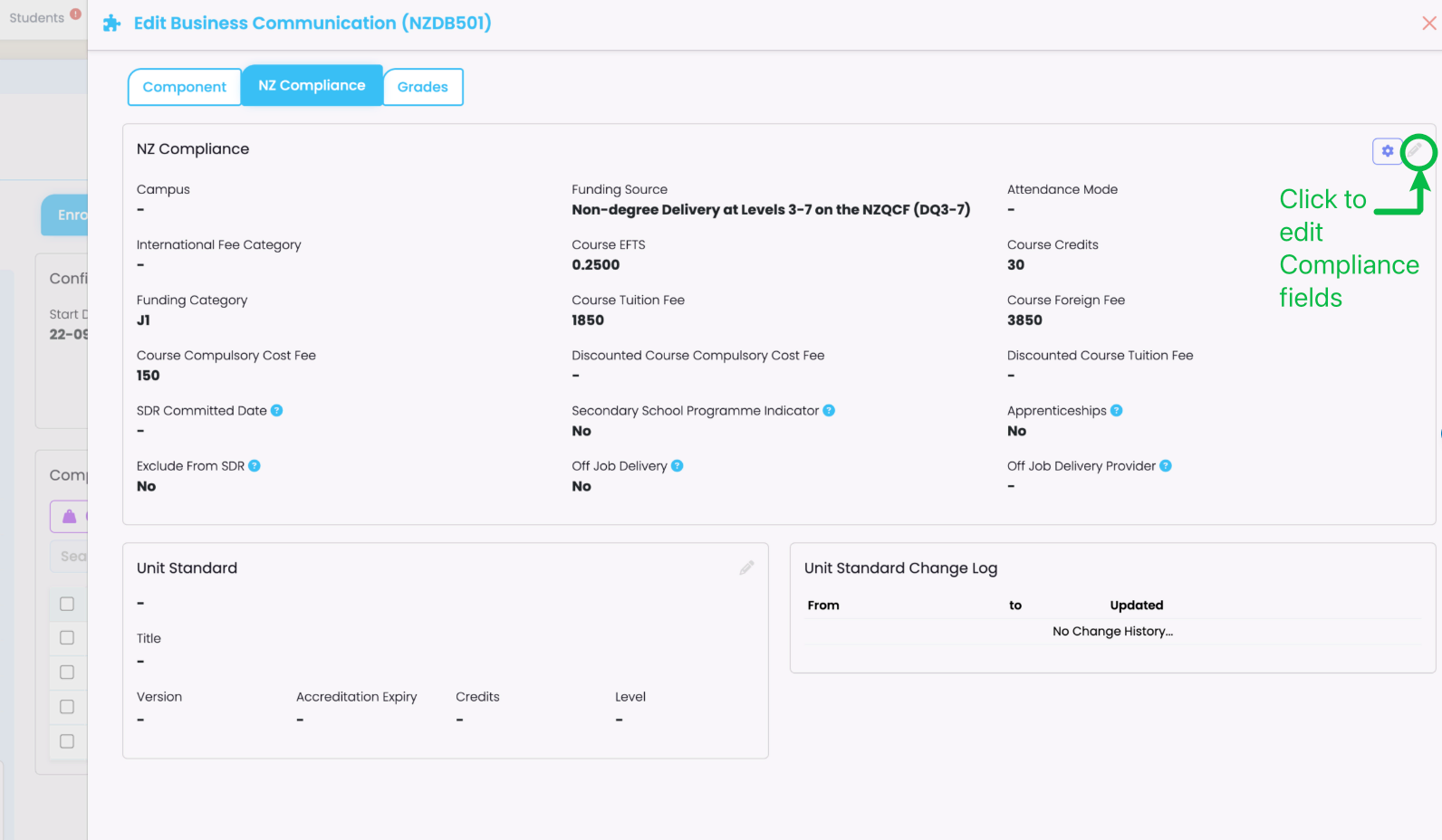 Screenshot: Figure 4ii. Enrolment Component > NZ Compliance Tab